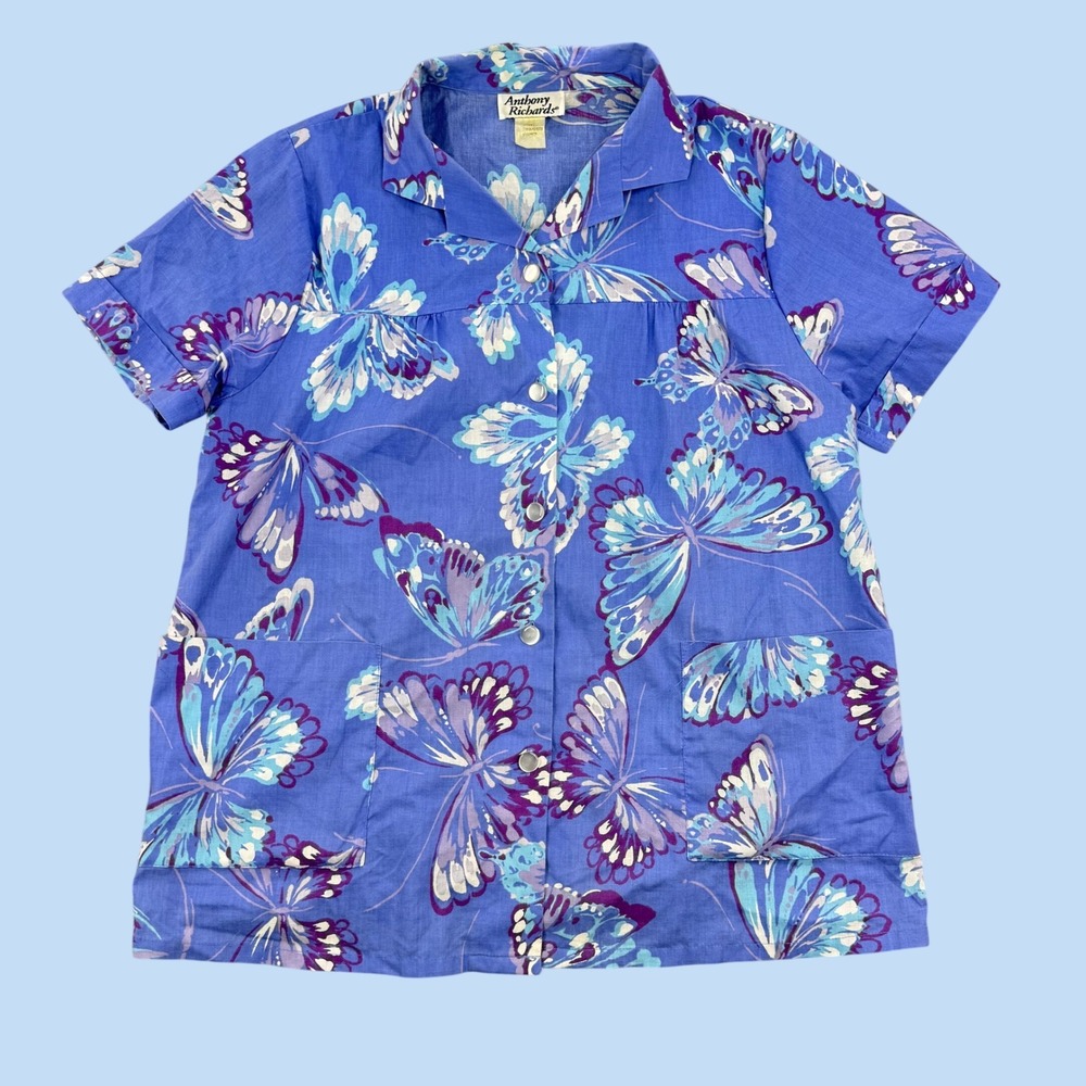 Anthony Richards Womens Blue Butterfly Print Button Front Blouse Short Sleeve L